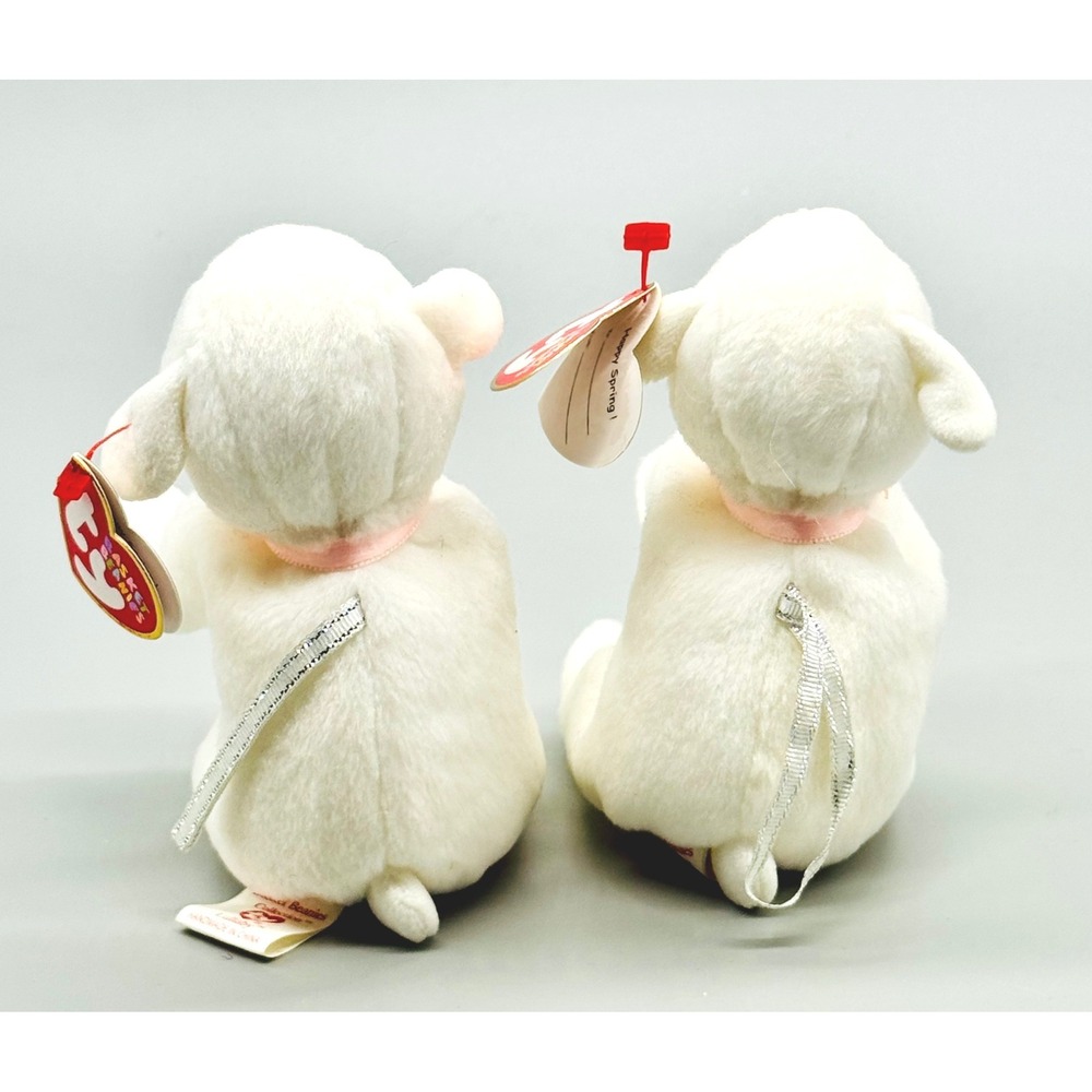 Ty Basket Beanies‎ Lullaby Lamb Plush Easter White Pink Ribbon 2003 Set of 2 - Picture 4 of 8